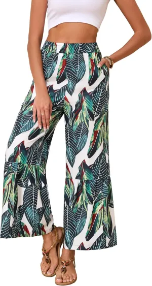 Womens High Waisted Palazzo Pants Wide Leg Loose Fit Trousers Summer Beach Flowy Lounge Pants Green Leaf Print S