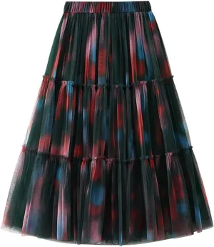 Womens Irregular Tulle Midi Skirts High Waisted Elastic Waisted Pleated Layered Fluffy Skirts Comfy Mesh Fairy Skirts