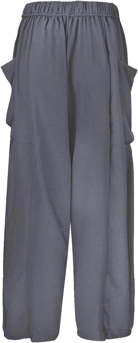Women's Linen Blend Summer Baggy Pants Elastic Waisted Baggy Stretchy Loose Fit Palazzo Pants Travel