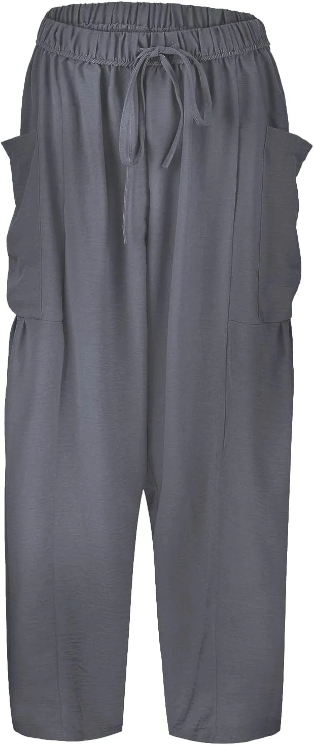 Women's Linen Blend Summer Baggy Pants Elastic Waisted Baggy Stretchy Loose Fit Palazzo Pants Travel