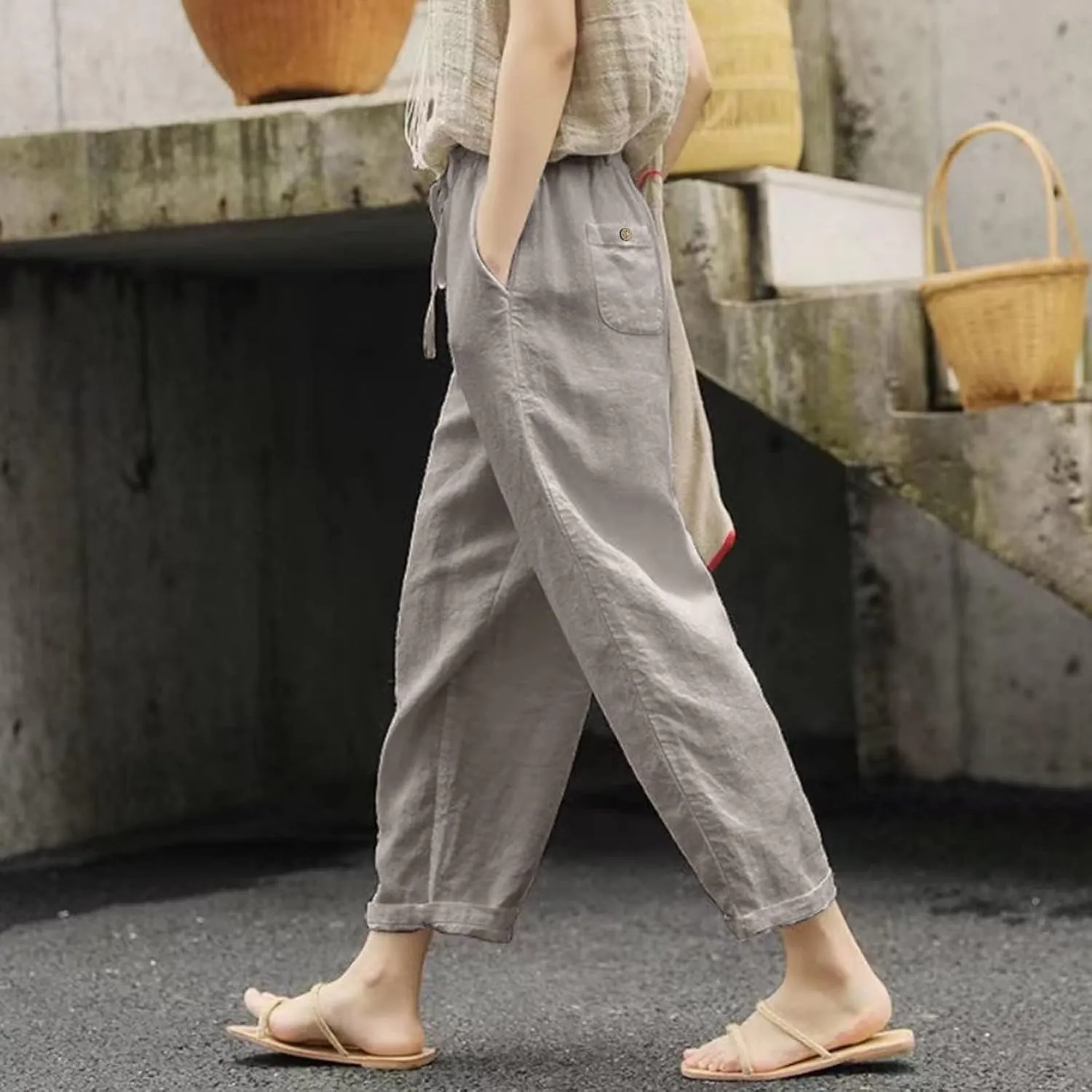 Womens Linen Blend Summer Boho Palazzo Lounge Pants Elastic Waist Baggy Stretchy Slim Fit Pants Travel