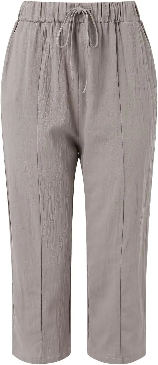 Womens Linen Blend Summer Boho Palazzo Lounge Pants Elastic Waist Baggy Stretchy Slim Fit Pants Travel