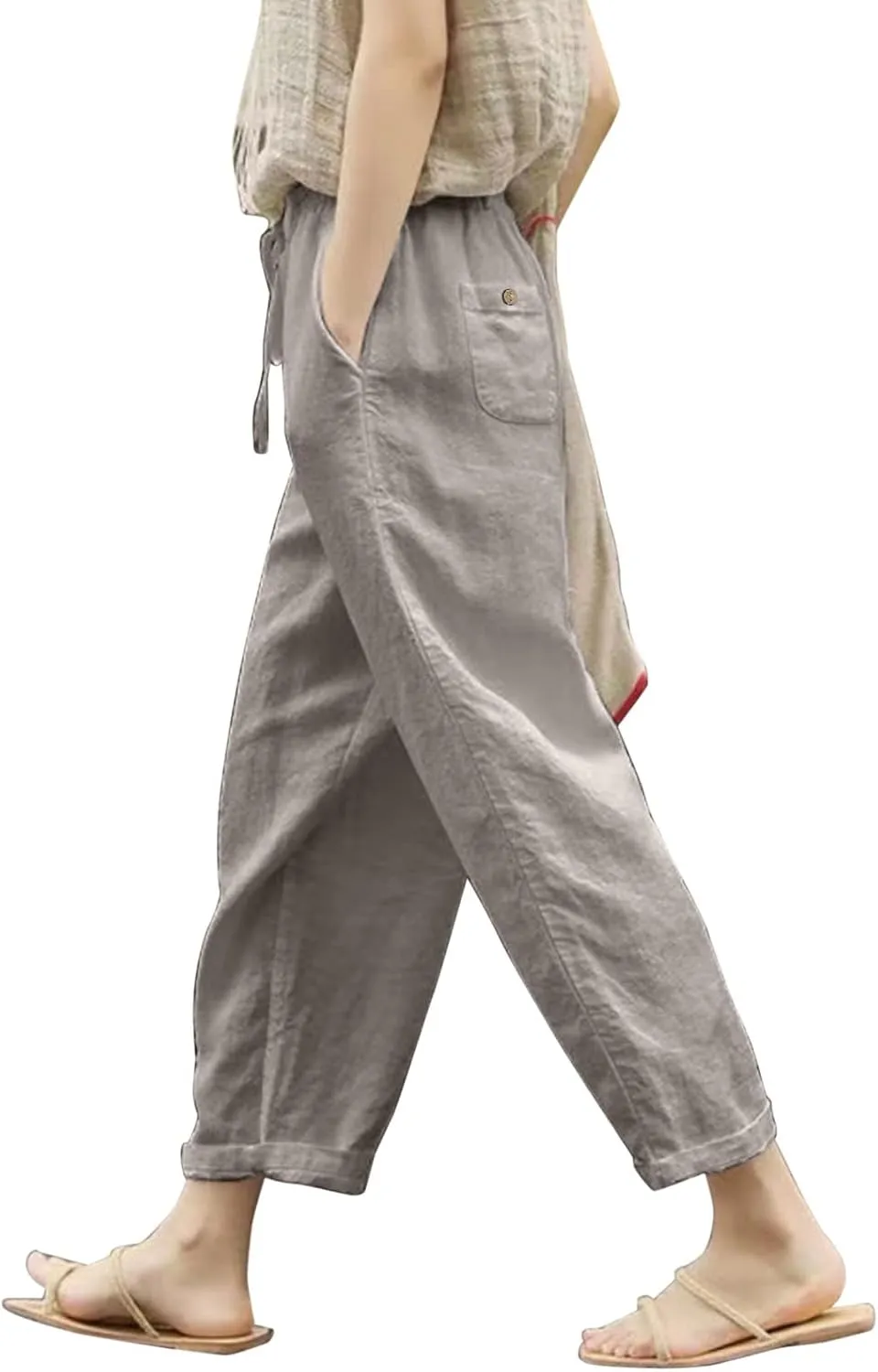 Womens Linen Blend Summer Boho Palazzo Lounge Pants Elastic Waist Baggy Stretchy Slim Fit Pants Travel