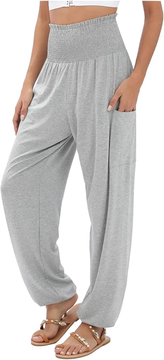 Women's Linen Blend Summer Casual Flowy Palazzo Pants Elastic Waisted Lounge Pants Plus Size Trouser Beach