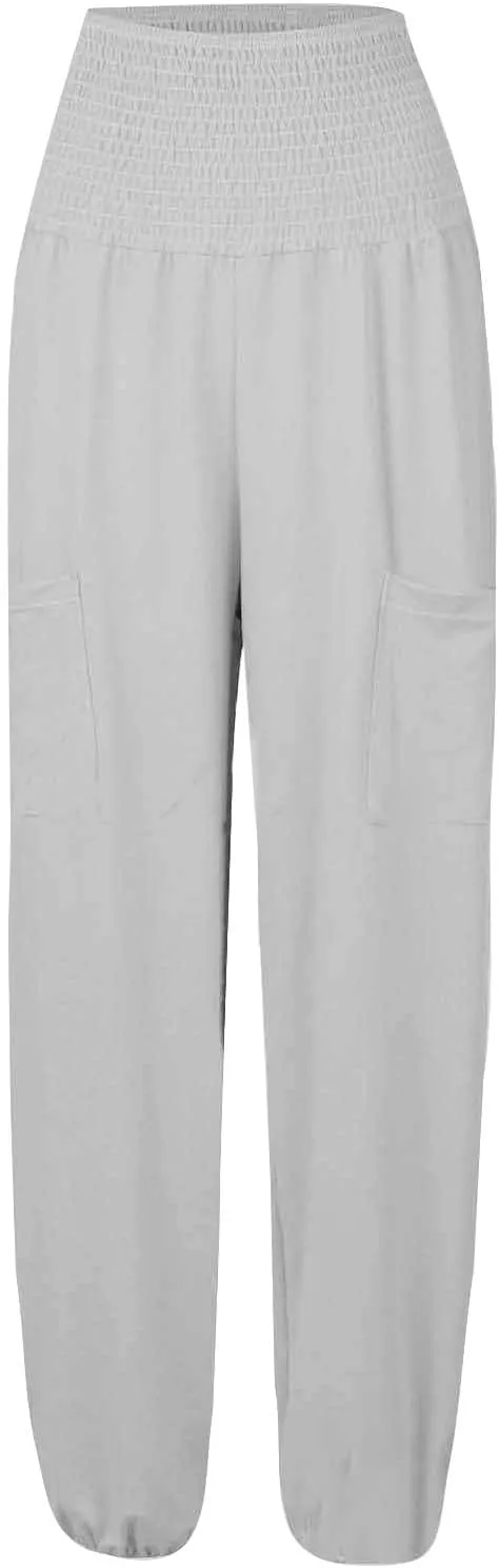 Women's Linen Blend Summer Casual Flowy Palazzo Pants Elastic Waisted Lounge Pants Plus Size Trouser Beach