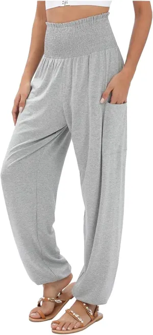 Women's Linen Blend Summer Casual Flowy Palazzo Pants Elastic Waisted Lounge Pants Plus Size Trouser Beach