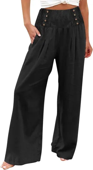 Women's Linen Blend Summer Flowy Pant Trousers Low Waist Ankle Length Loose Fit Trousers Vacation