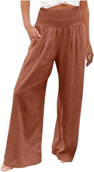Womens Linen Blend Summer Palazzo Palazzo Pants Elastic Waisted Bootcut Slim-Fit Pants Trendy