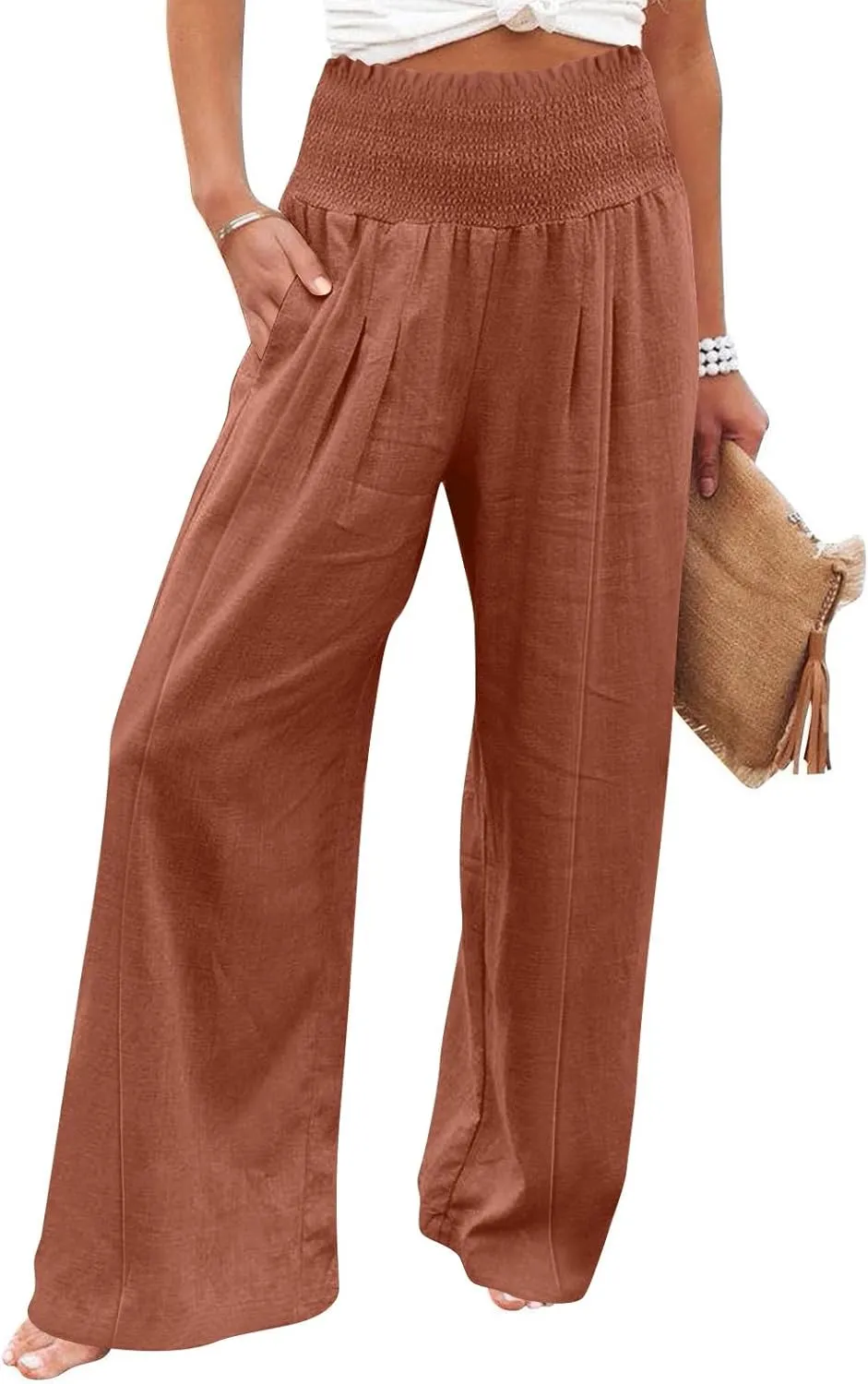 Womens Linen Blend Summer Palazzo Palazzo Pants Elastic Waisted Bootcut Slim-Fit Pants Trendy