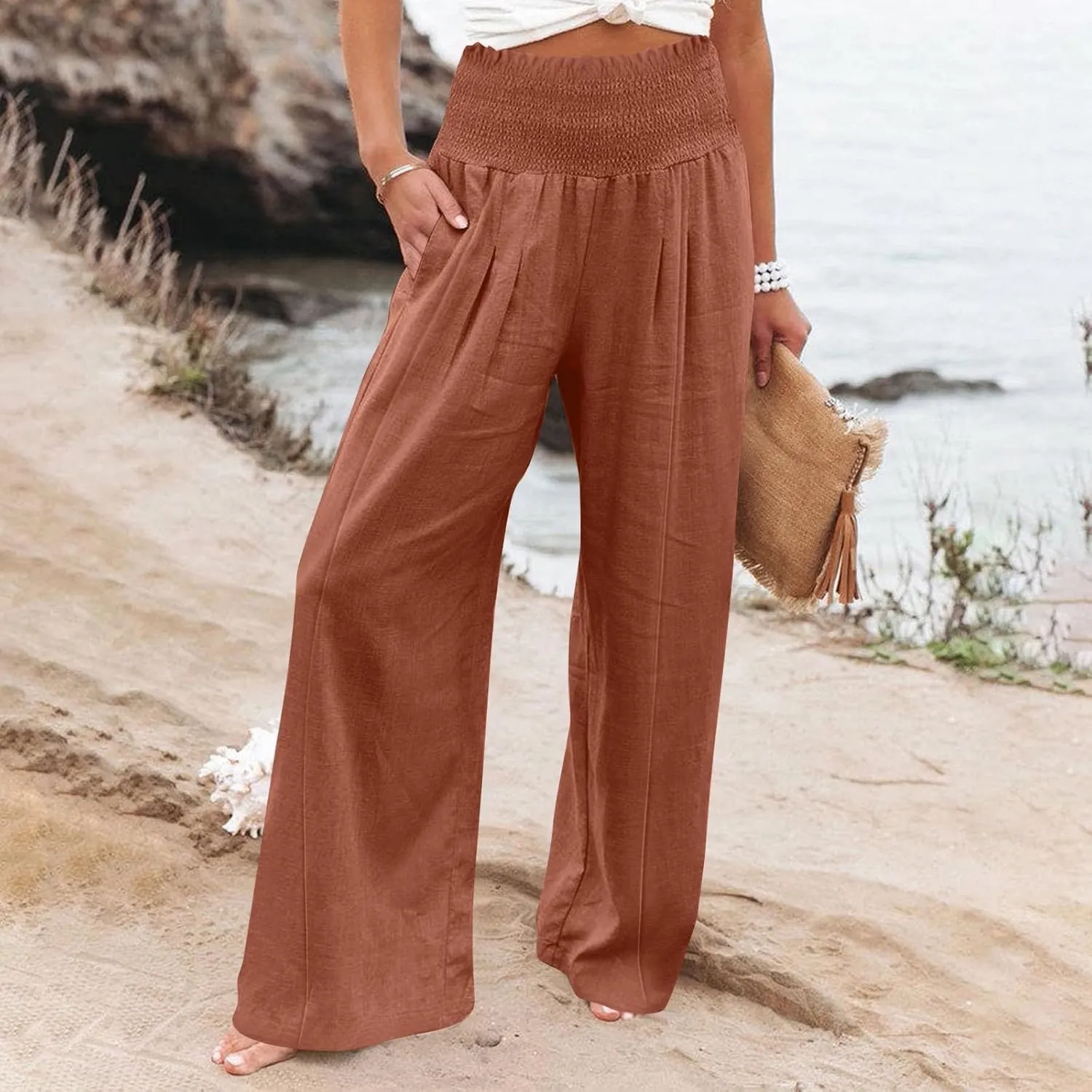 Womens Linen Blend Summer Palazzo Palazzo Pants Elastic Waisted Bootcut Slim-Fit Pants Trendy