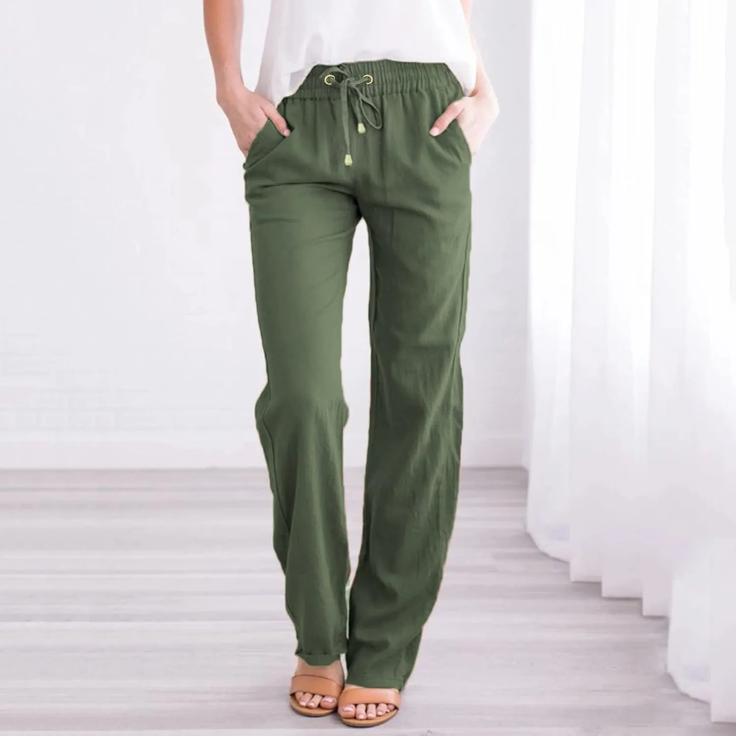 Womens Linen Blend Summer Palazzo Palazzo Pants Elastic Waisted Bootcut Slim-Fit Pants Trendy