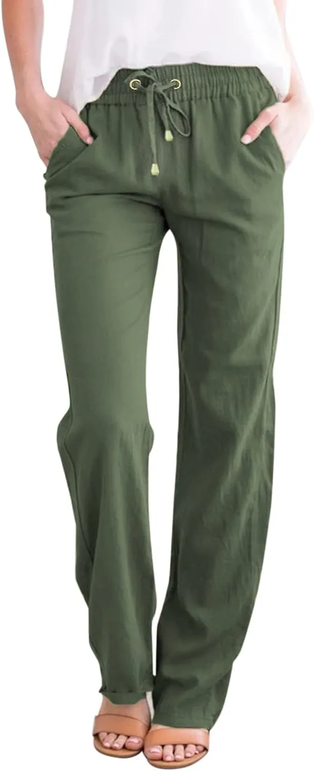 Womens Linen Blend Summer Palazzo Palazzo Pants Elastic Waisted Bootcut Slim-Fit Pants Trendy