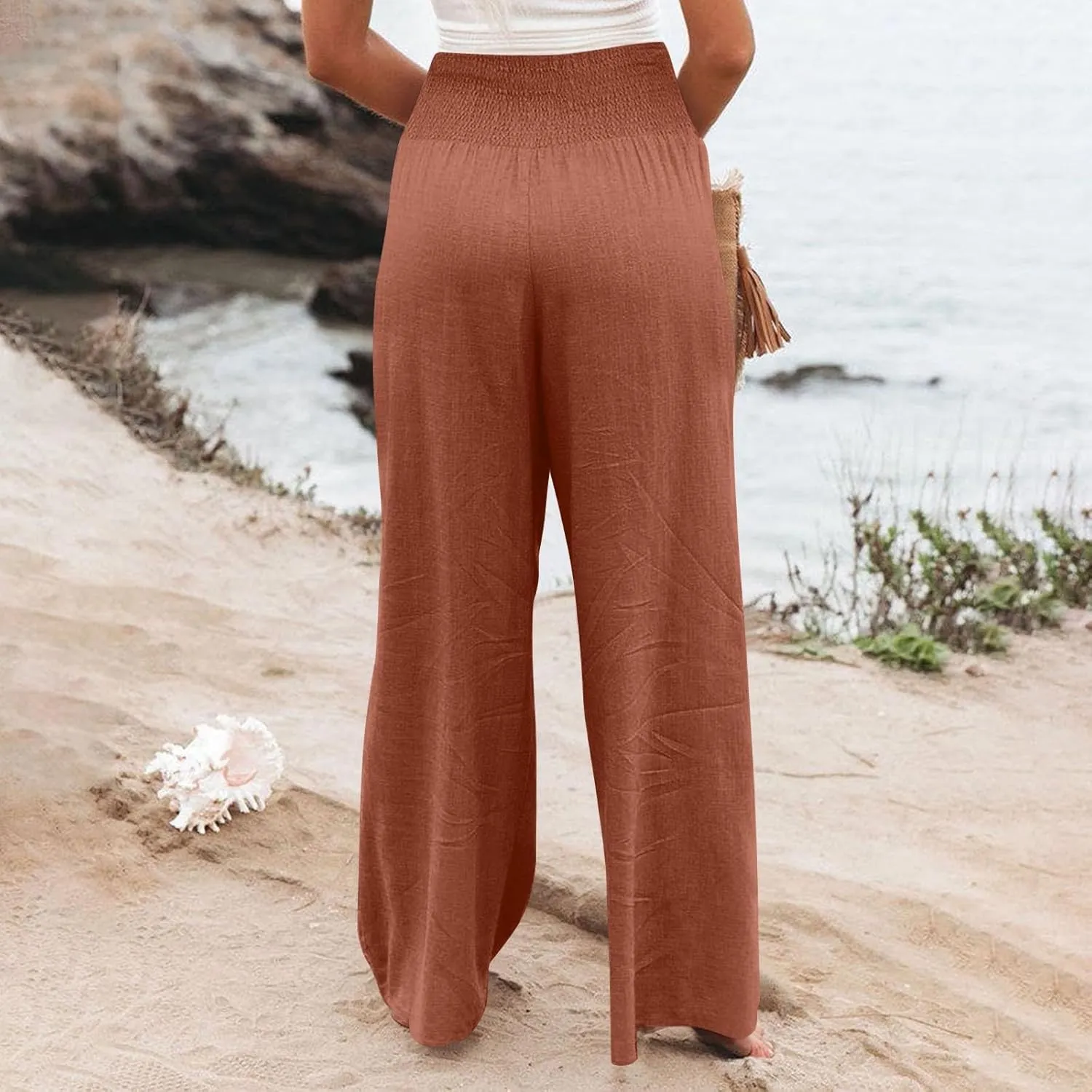 Womens Linen Blend Summer Palazzo Palazzo Pants Elastic Waisted Bootcut Slim-Fit Pants Trendy