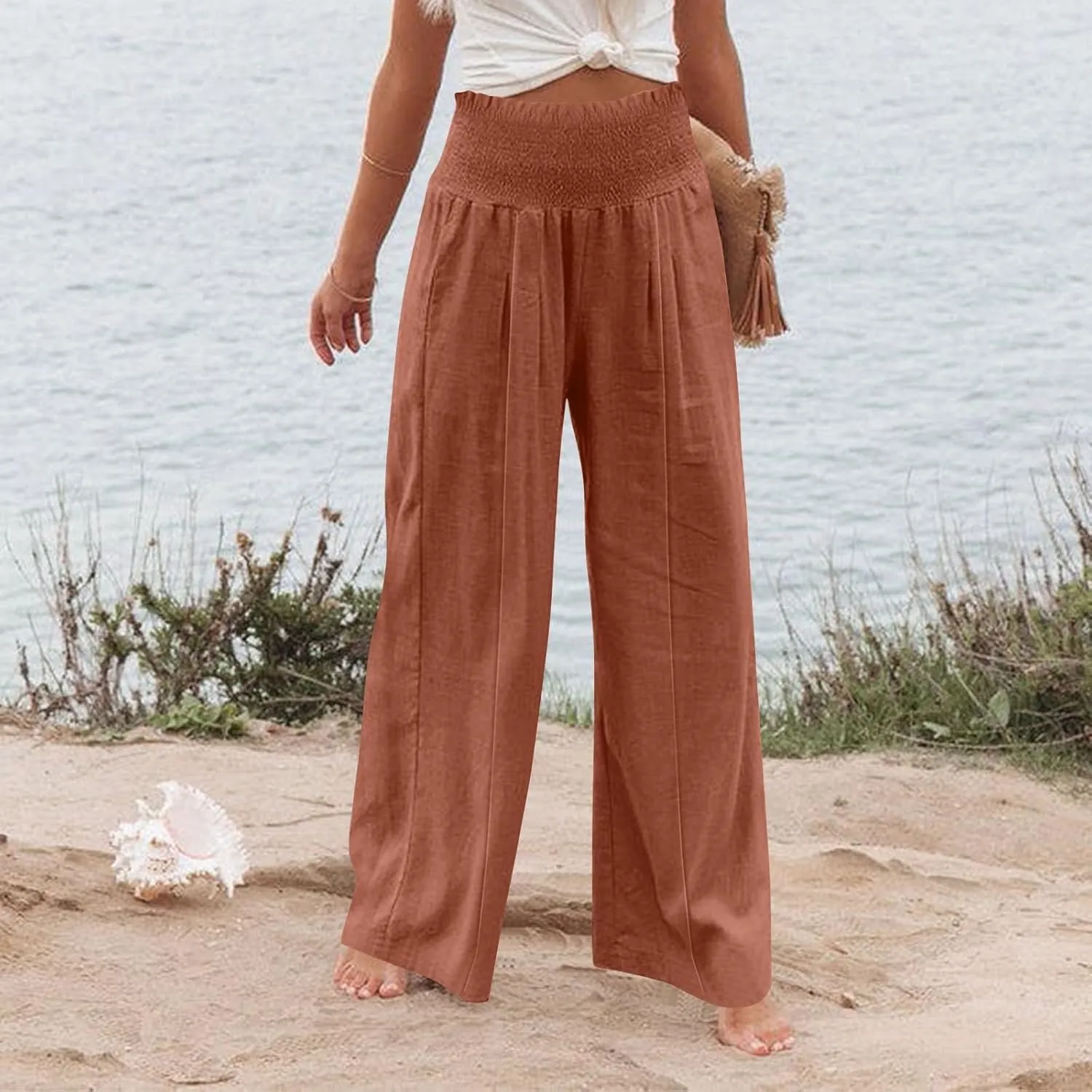 Womens Linen Blend Summer Palazzo Palazzo Pants Elastic Waisted Bootcut Slim-Fit Pants Trendy