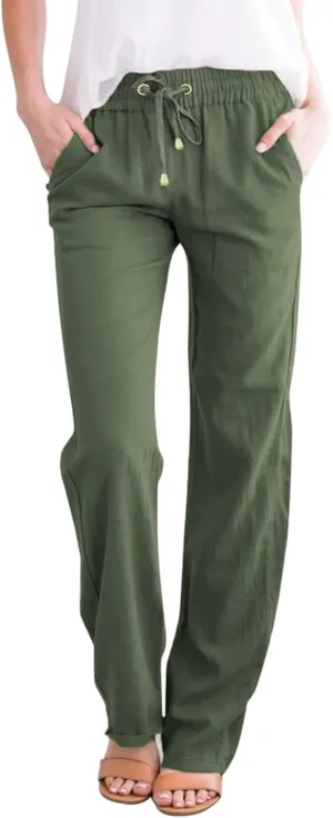 Womens Linen Blend Summer Palazzo Palazzo Pants Elastic Waisted Bootcut Slim-Fit Pants Trendy