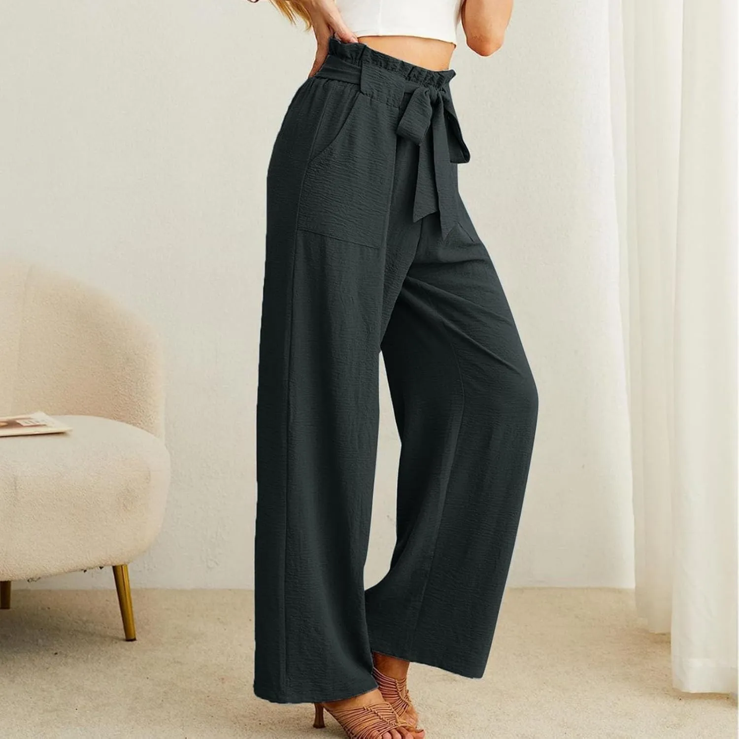 Women's Linen Blend Summer Pull On Palazzo Pants Low Waist Stretchy Straight Loose Fit Trousers Office