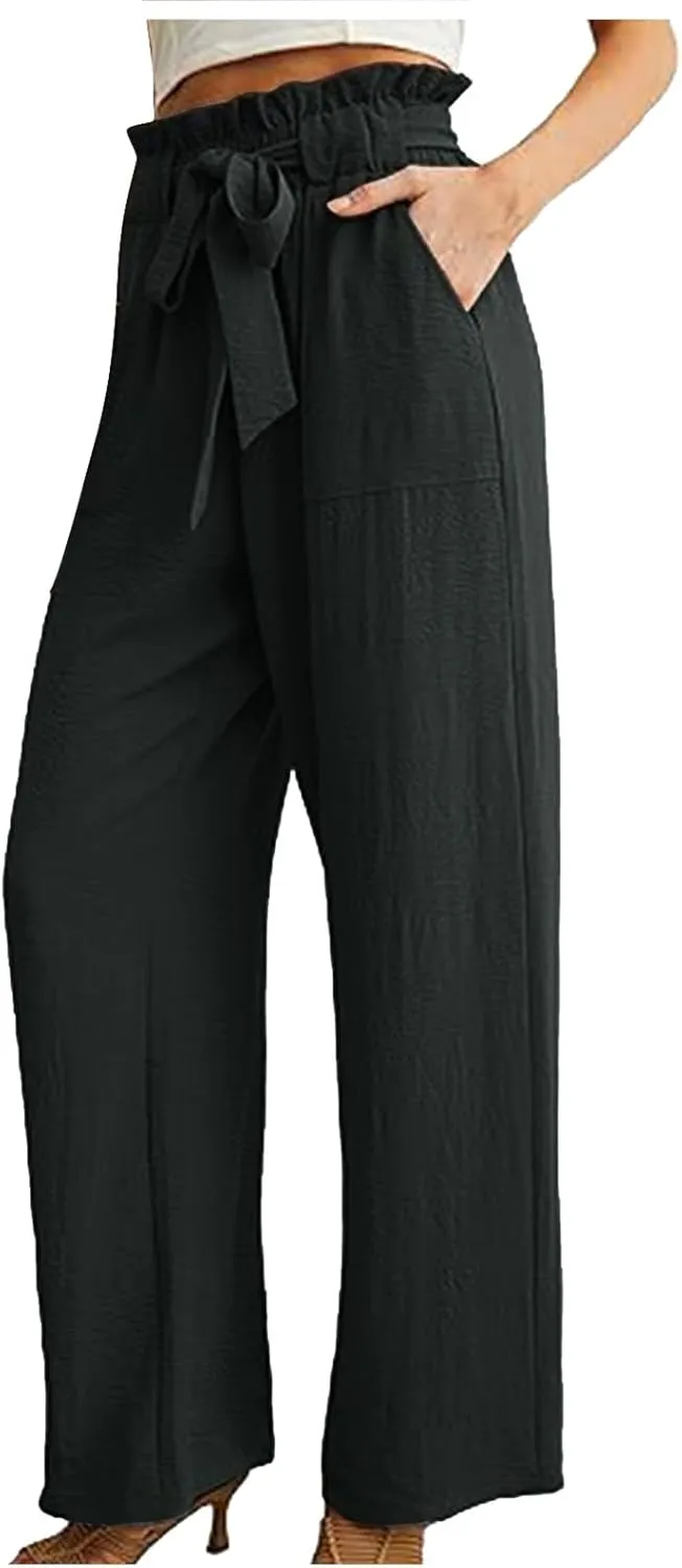 Women's Linen Blend Summer Pull On Palazzo Pants Low Waist Stretchy Straight Loose Fit Trousers Office