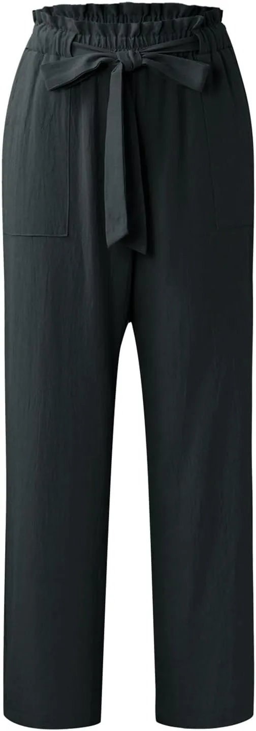 Women's Linen Blend Summer Pull On Palazzo Pants Low Waist Stretchy Straight Loose Fit Trousers Office