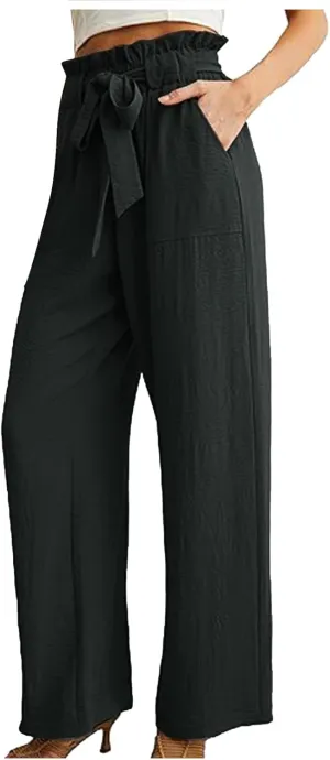 Women's Linen Blend Summer Pull On Palazzo Pants Low Waist Stretchy Straight Loose Fit Trousers Office