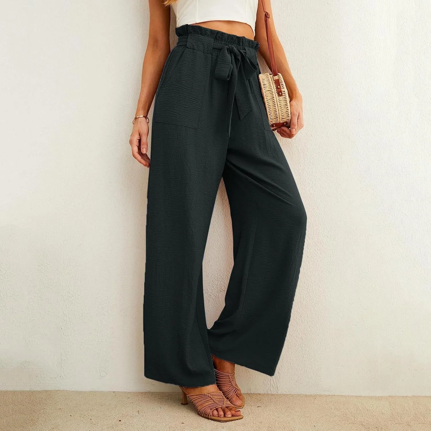 Women's Linen Blend Summer Pull On Palazzo Pants Low Waist Stretchy Straight Loose Fit Trousers Office