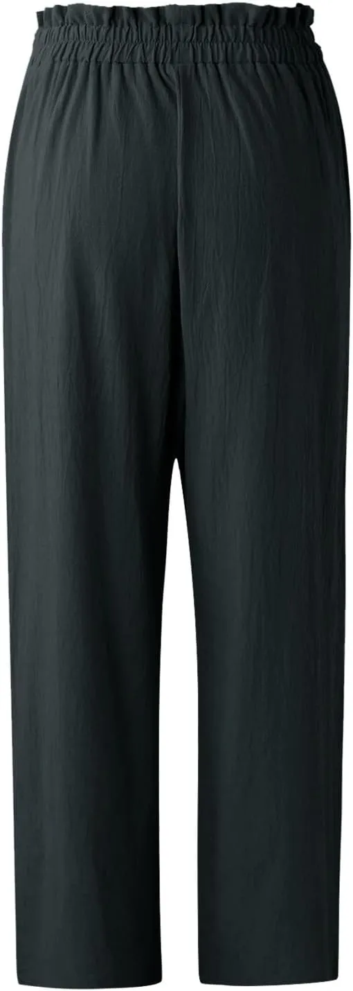 Women's Linen Blend Summer Pull On Palazzo Pants Low Waist Stretchy Straight Loose Fit Trousers Office