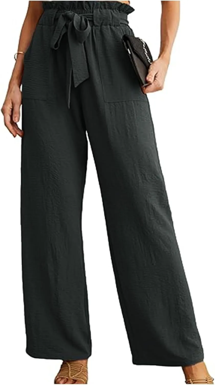 Women's Linen Blend Summer Pull On Palazzo Pants Low Waist Stretchy Straight Loose Fit Trousers Office