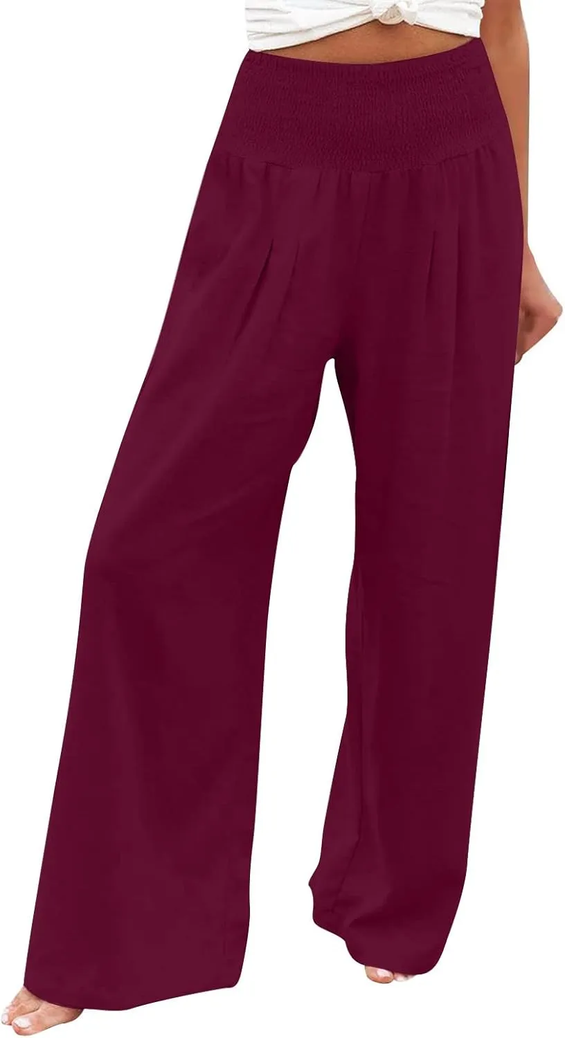 Womens Linen Blend Summer Trendy Palazzo Lounge Pants Elastic Waisted Wide Leg Slim Fit Pants Travel