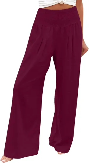 Womens Linen Blend Summer Trendy Palazzo Lounge Pants Elastic Waisted Wide Leg Slim Fit Pants Travel