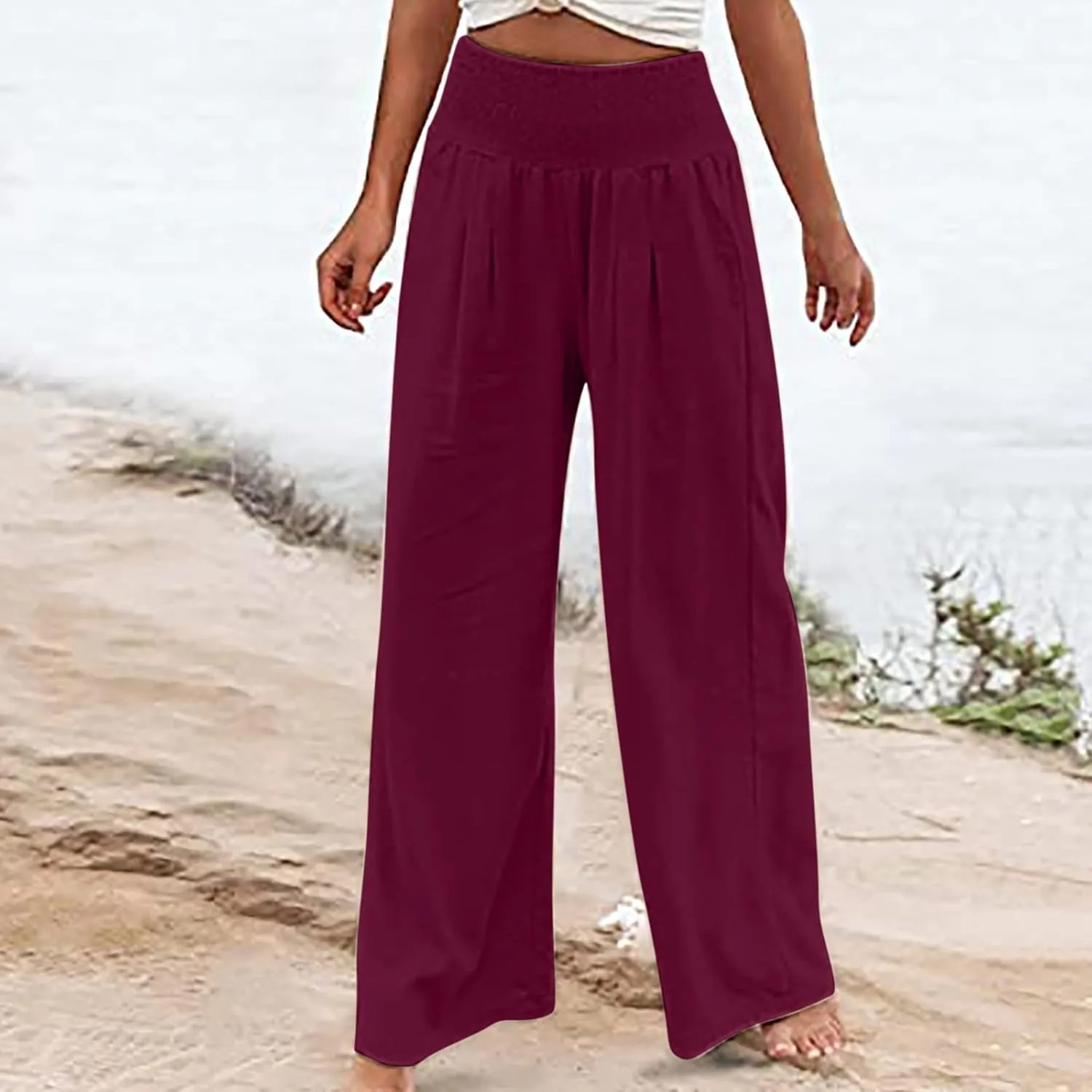 Womens Linen Blend Summer Trendy Palazzo Lounge Pants Elastic Waisted Wide Leg Slim Fit Pants Travel