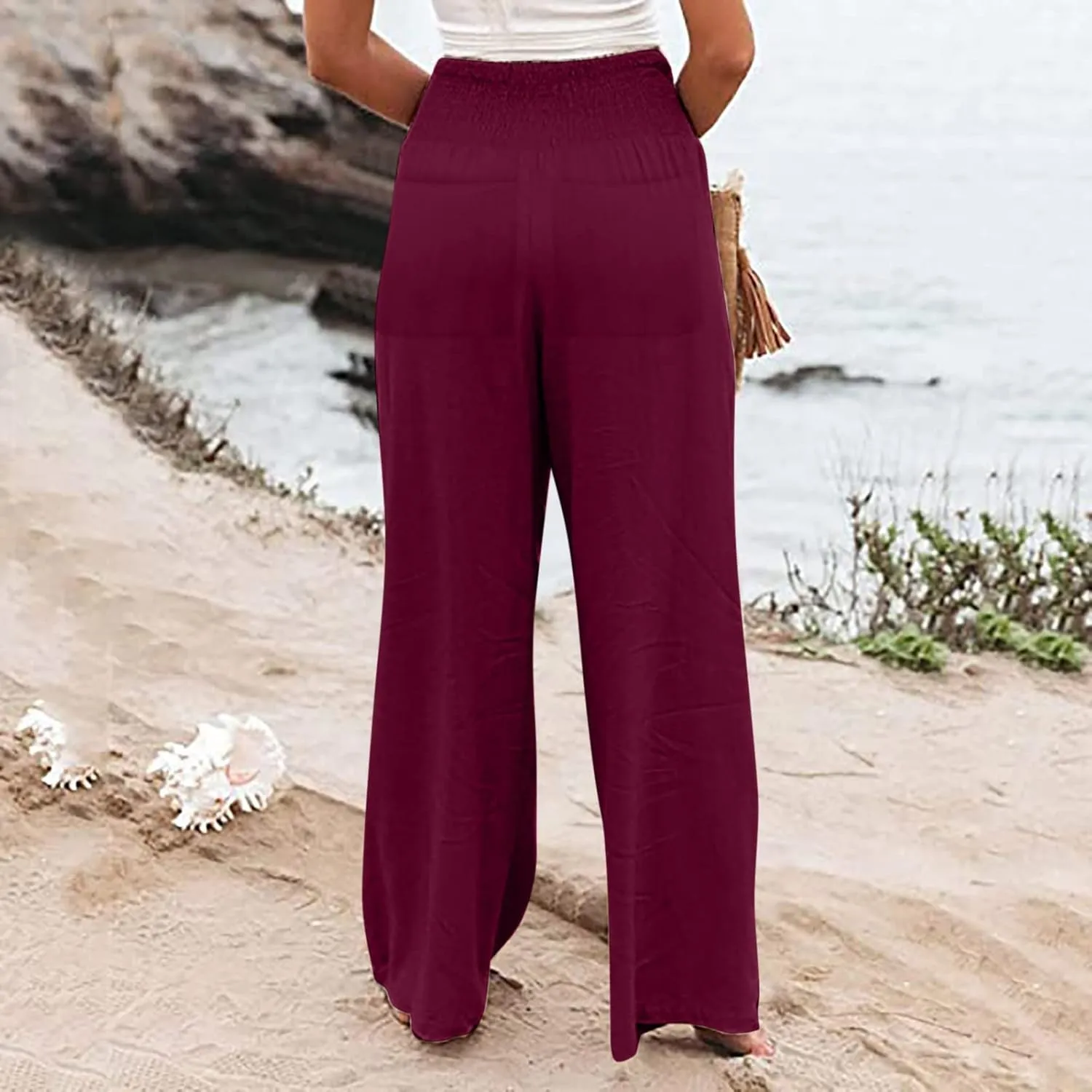 Womens Linen Blend Summer Trendy Palazzo Lounge Pants Elastic Waisted Wide Leg Slim Fit Pants Travel