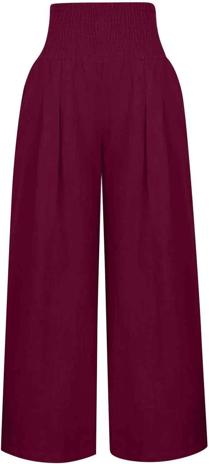 Womens Linen Blend Summer Trendy Palazzo Lounge Pants Elastic Waisted Wide Leg Slim Fit Pants Travel