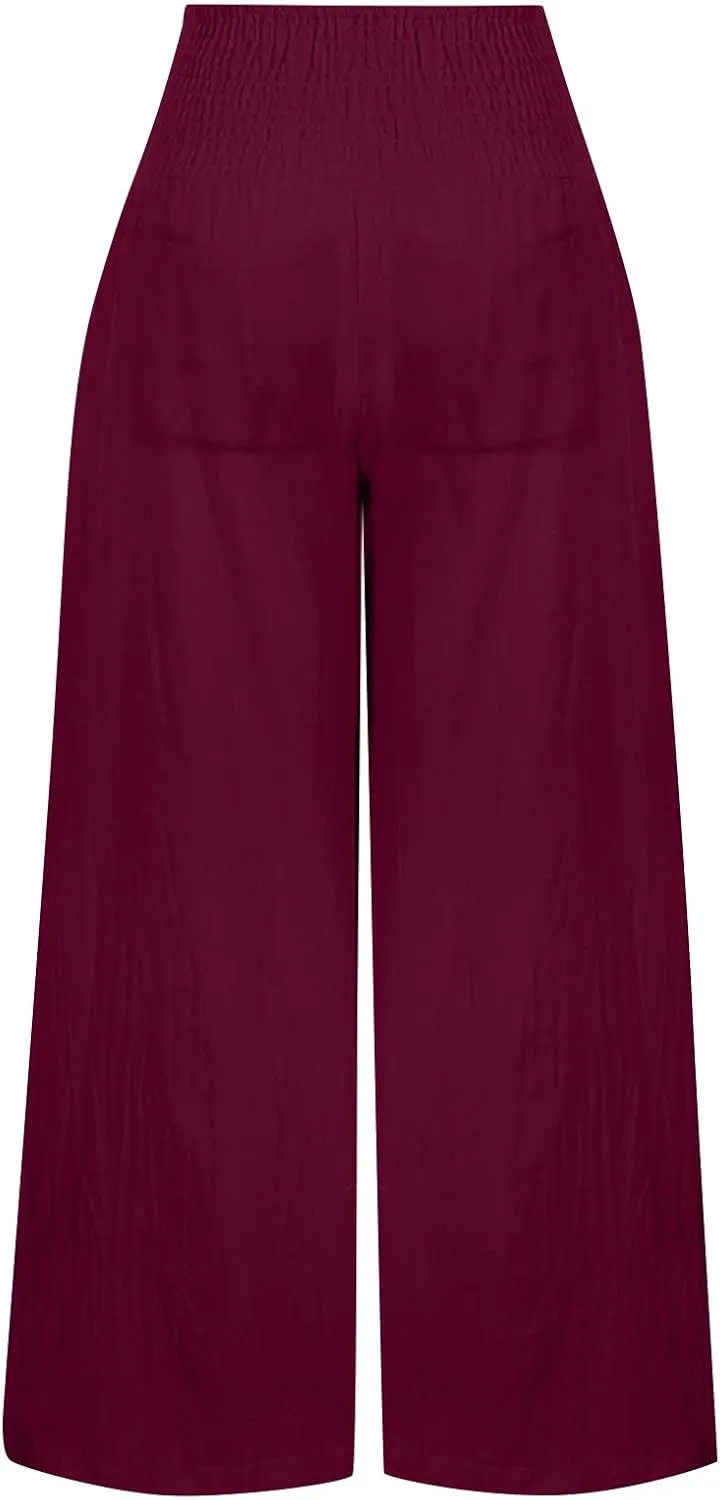 Womens Linen Blend Summer Trendy Palazzo Lounge Pants Elastic Waisted Wide Leg Slim Fit Pants Travel