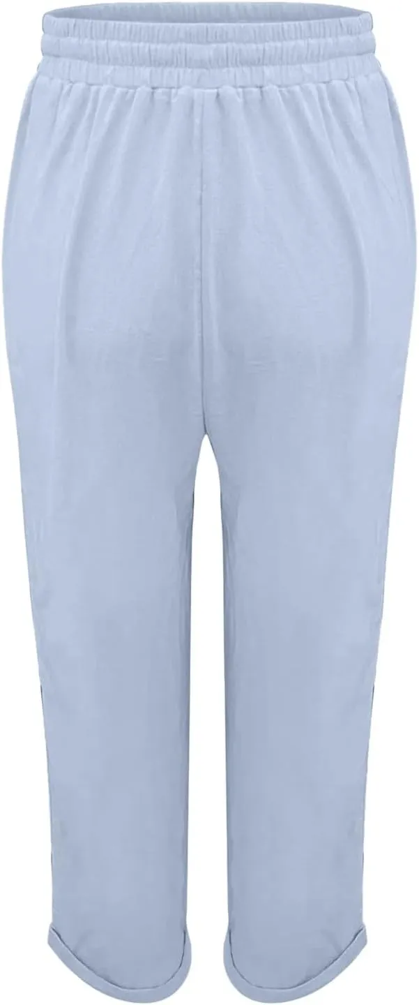Womens Linen Blend Summer Y2K Fashion Pant Trousers Elastic Waisted Stretchy Slim Fit Palazzo Pants Trendy
