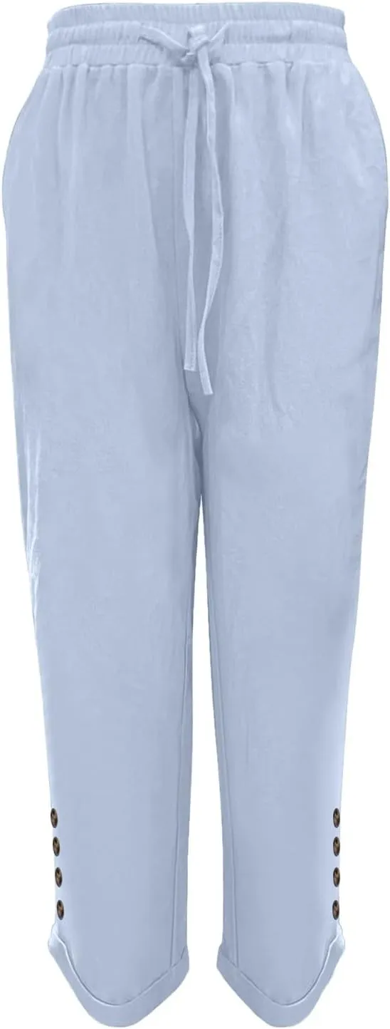 Womens Linen Blend Summer Y2K Fashion Pant Trousers Elastic Waisted Stretchy Slim Fit Palazzo Pants Trendy