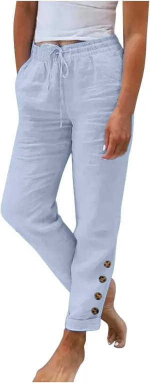 Womens Linen Blend Summer Y2K Fashion Pant Trousers Elastic Waisted Stretchy Slim Fit Palazzo Pants Trendy