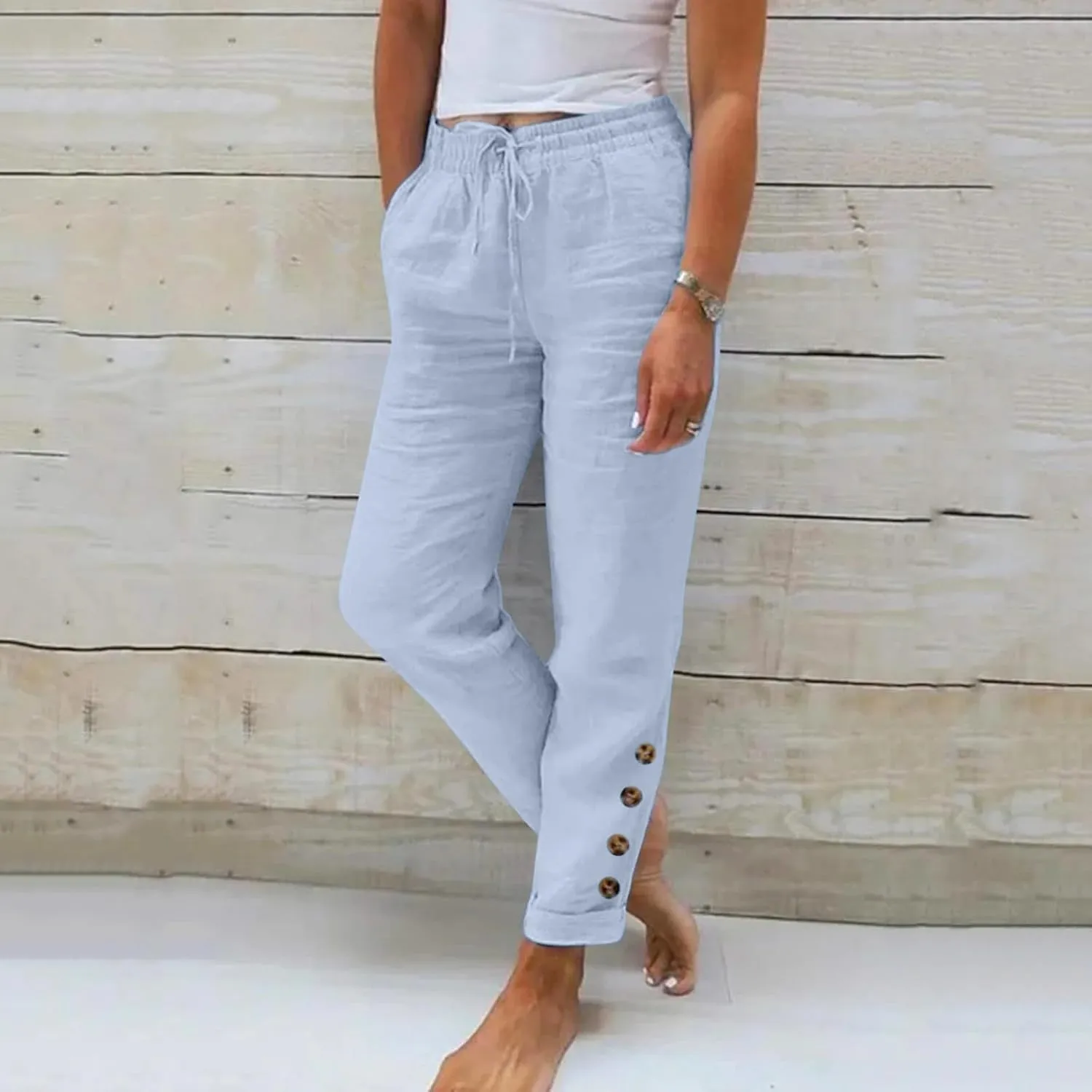 Womens Linen Blend Summer Y2K Fashion Pant Trousers Elastic Waisted Stretchy Slim Fit Palazzo Pants Trendy