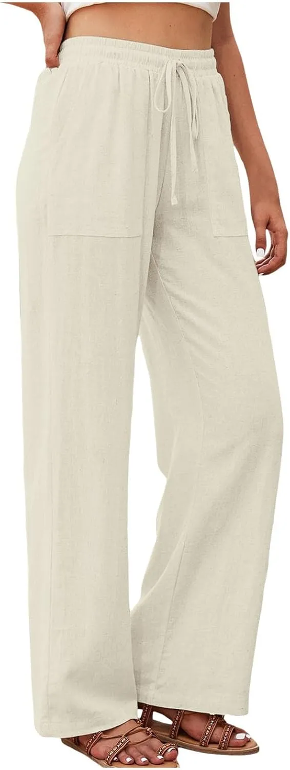 Women's Linen Blend Summer Y2K Fashion Pants Low Waist Wide Leg Slim Fit Trouser Work Business