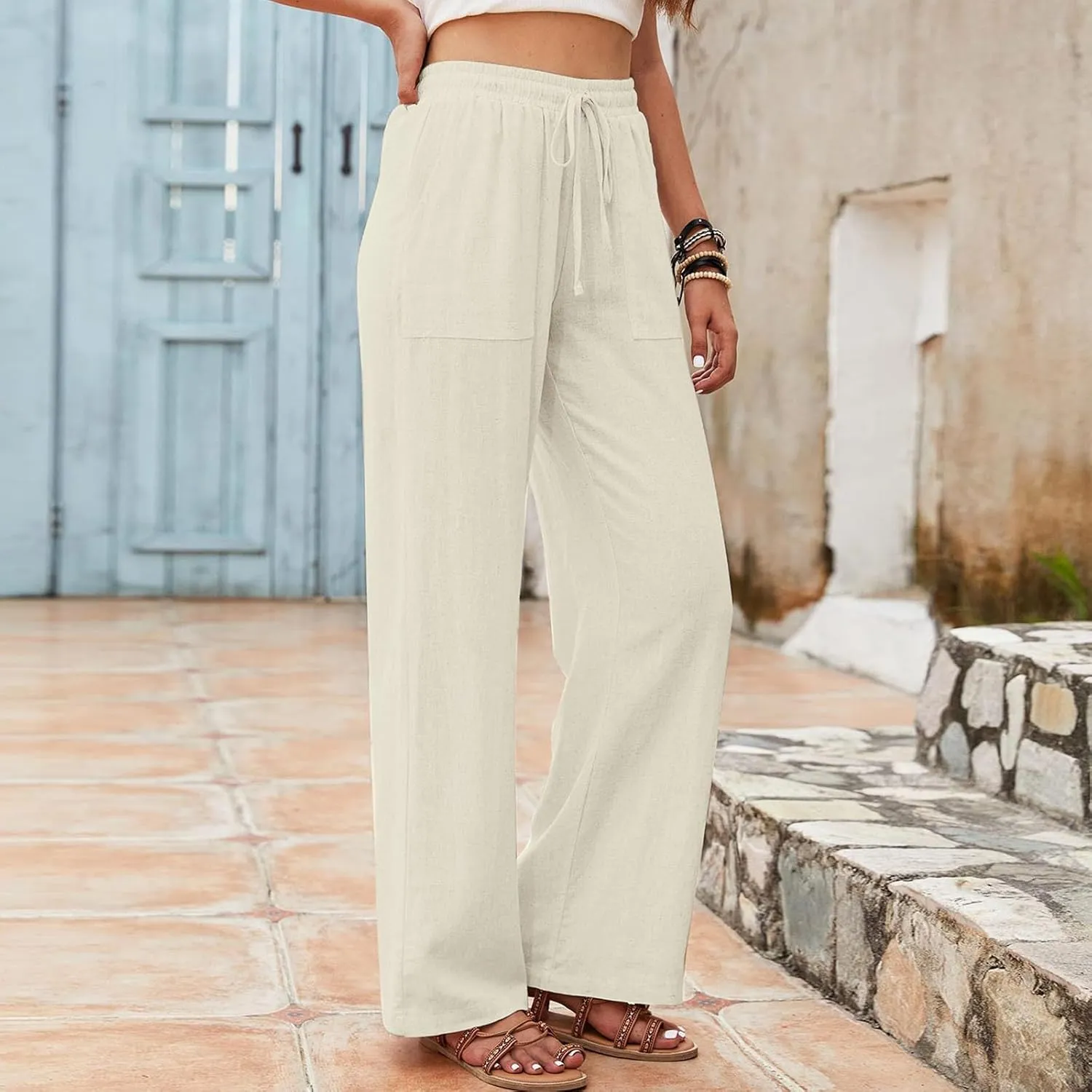 Women's Linen Blend Summer Y2K Fashion Pants Low Waist Wide Leg Slim Fit Trouser Work Business