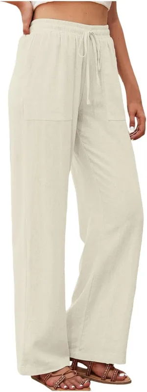 Women's Linen Blend Summer Y2K Fashion Pants Low Waist Wide Leg Slim Fit Trouser Work Business