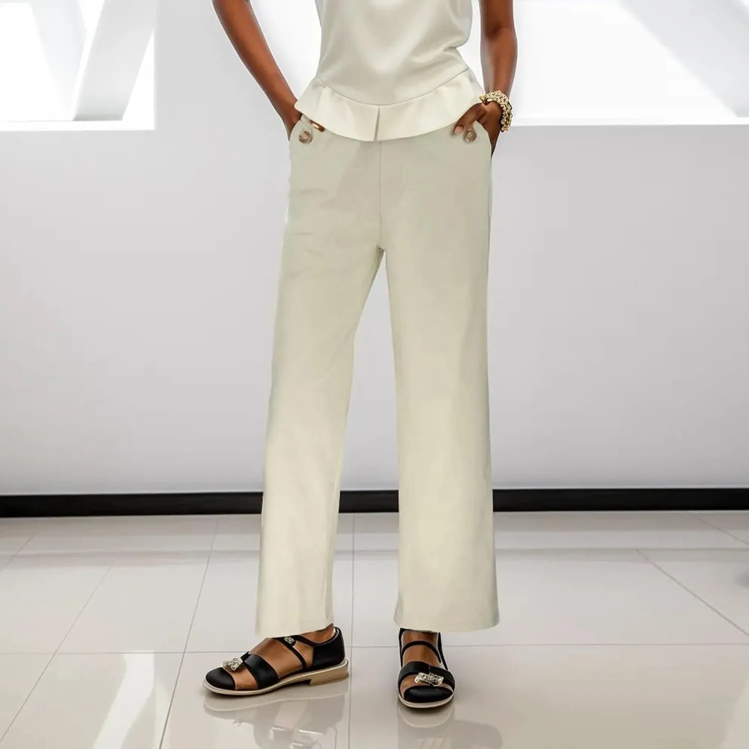 Women's Linen Blend Summer Y2K Streetwear Pants Elastic Waisted Straight Plus Size Palazzo Pants Work Business