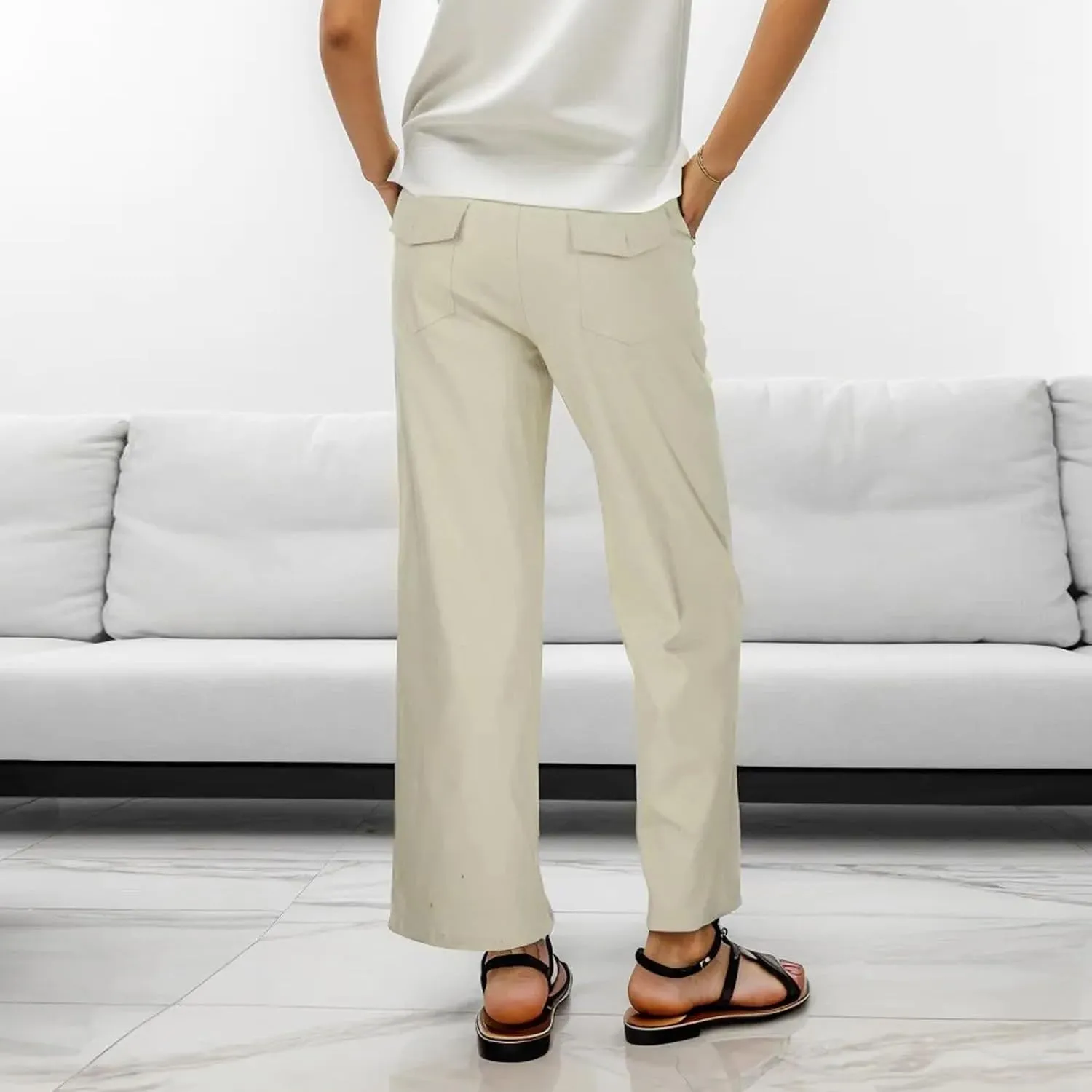 Women's Linen Blend Summer Y2K Streetwear Pants Elastic Waisted Straight Plus Size Palazzo Pants Work Business