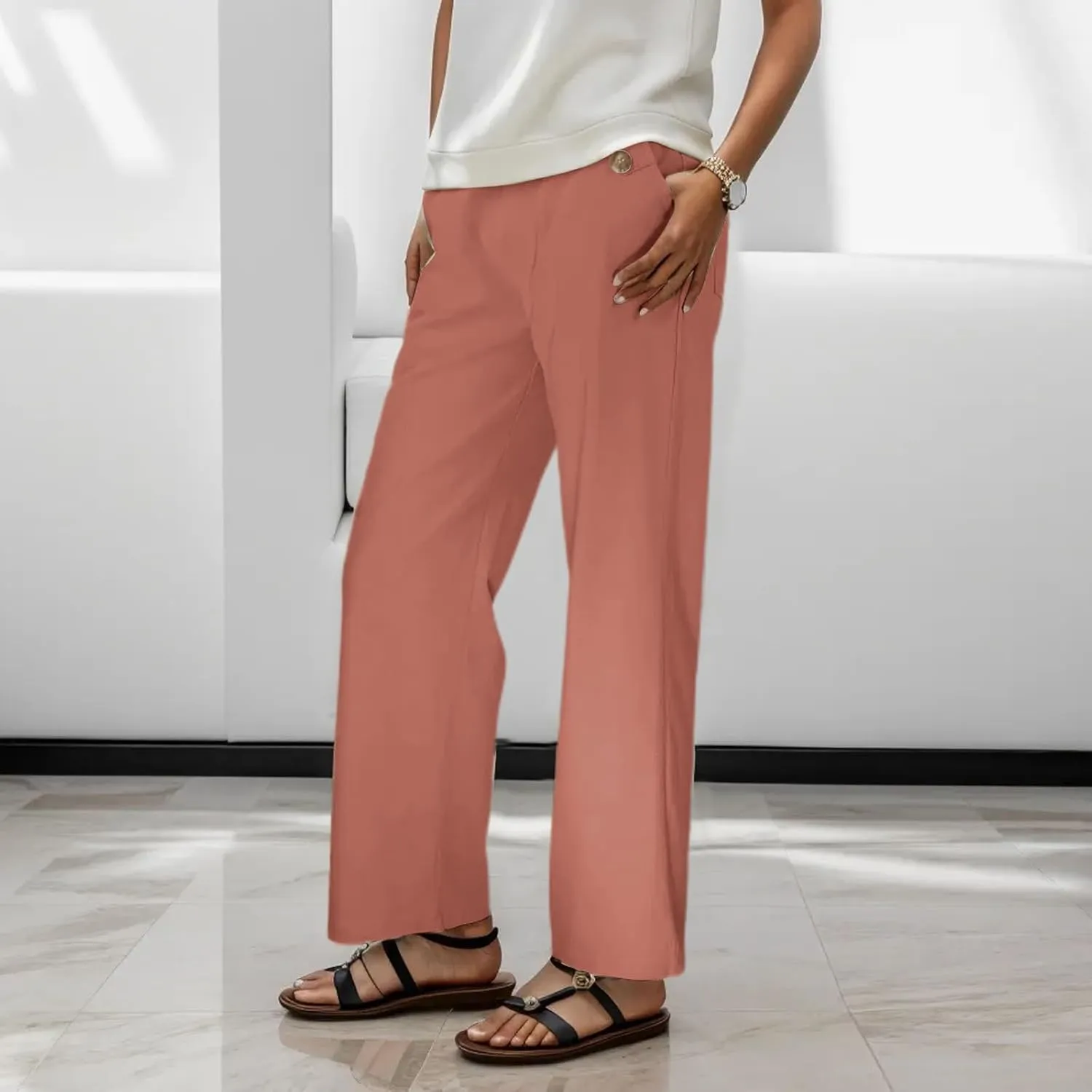 Women's Linen Blend Summer Y2K Streetwear Pants Elastic Waisted Straight Plus Size Palazzo Pants Work Business