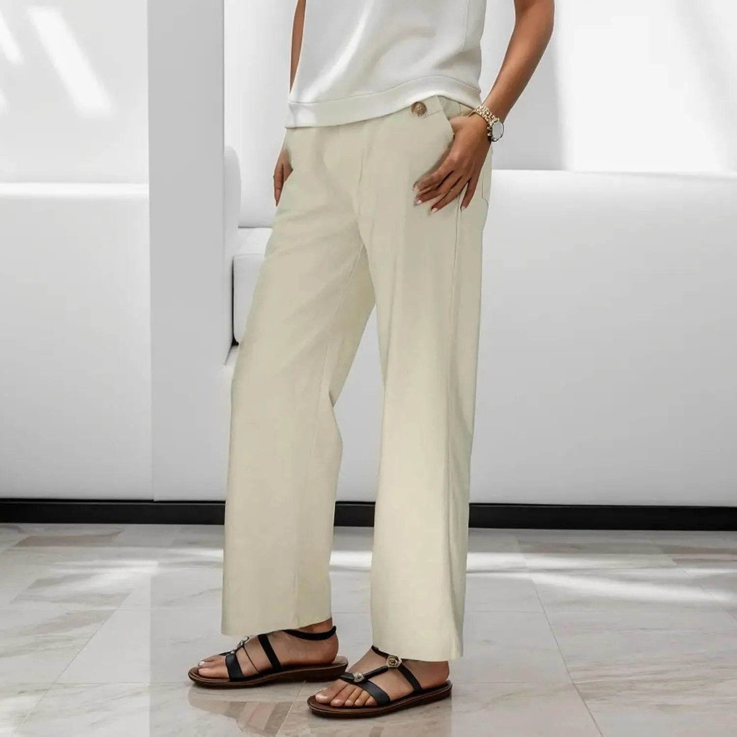 Women's Linen Blend Summer Y2K Streetwear Pants Elastic Waisted Straight Plus Size Palazzo Pants Work Business