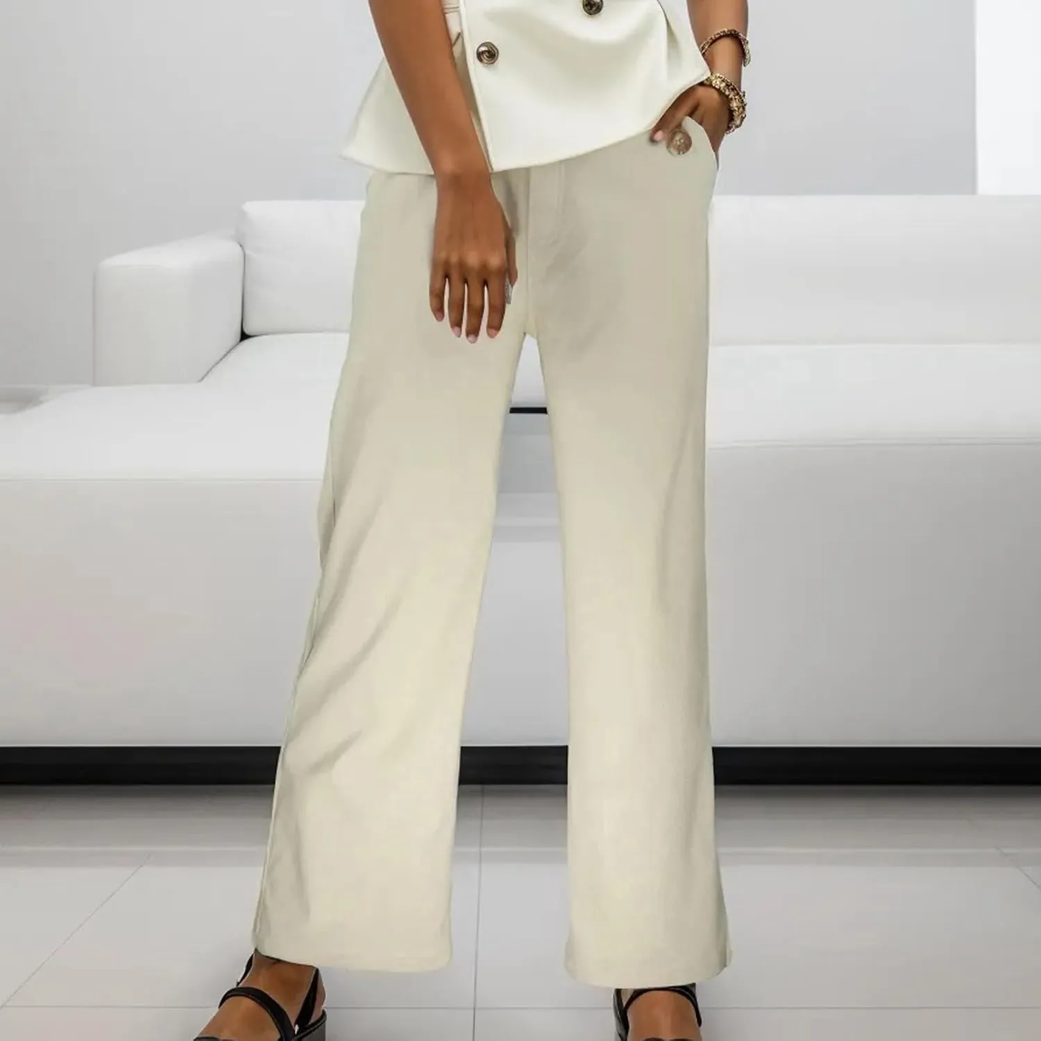 Women's Linen Blend Summer Y2K Streetwear Pants Elastic Waisted Straight Plus Size Palazzo Pants Work Business