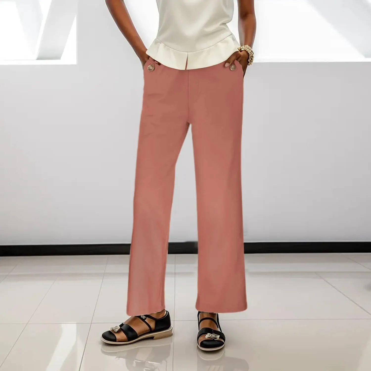Women's Linen Blend Summer Y2K Streetwear Pants Elastic Waisted Straight Plus Size Palazzo Pants Work Business