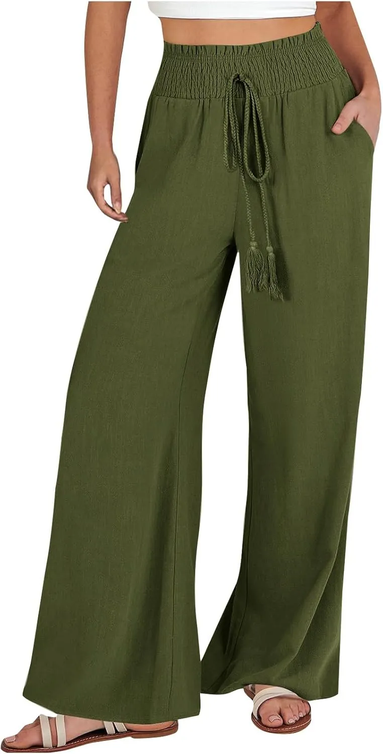 Women's Linen Palazzo Lounge Pants Summer Casual Loose High Waist Wide Leg Pant Drawstring Straight Leg Trousers