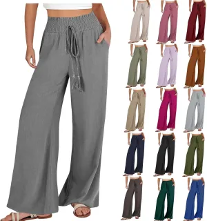 Women's Linen Palazzo Lounge Pants Summer Casual Loose High Waist Wide Leg Pant Drawstring Straight Leg Trousers