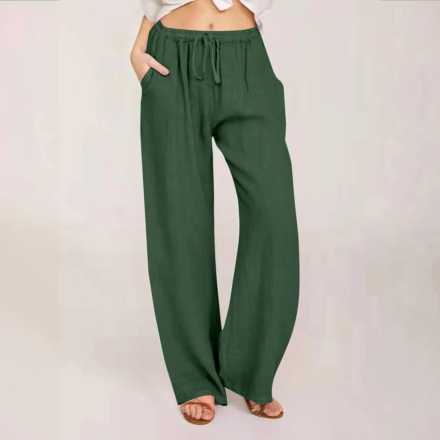 Women's Linen Palazzo Pants Casual Drawstring Elastic Waist Trousers Loose Fit Cotton Blend Loose Athletic Pants