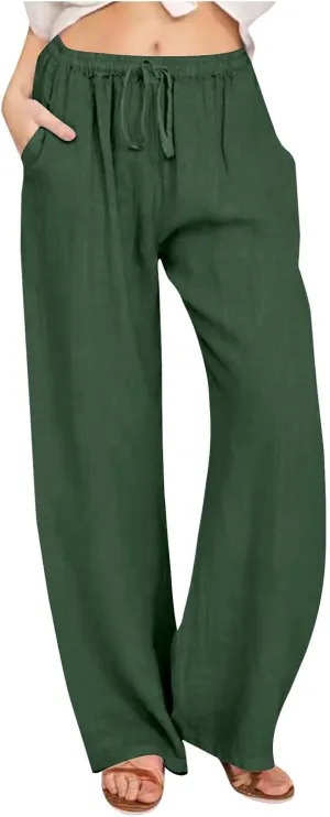 Women's Linen Palazzo Pants Casual Drawstring Elastic Waist Trousers Loose Fit Cotton Blend Loose Athletic Pants