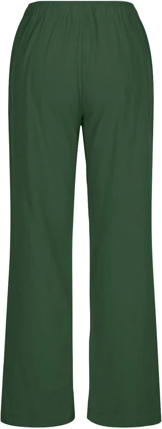 Women's Linen Palazzo Pants Casual Drawstring Elastic Waist Trousers Loose Fit Cotton Blend Loose Athletic Pants